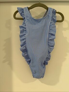 Blue Gingham Ruffle Kids One-Piece Swimsuit